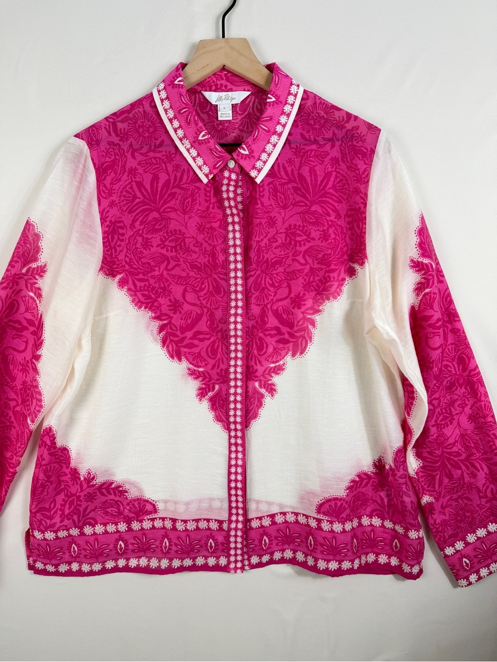 Lilly Pulitzer Pink & White Linen Blend Button Front Long Sleeve Blouse L